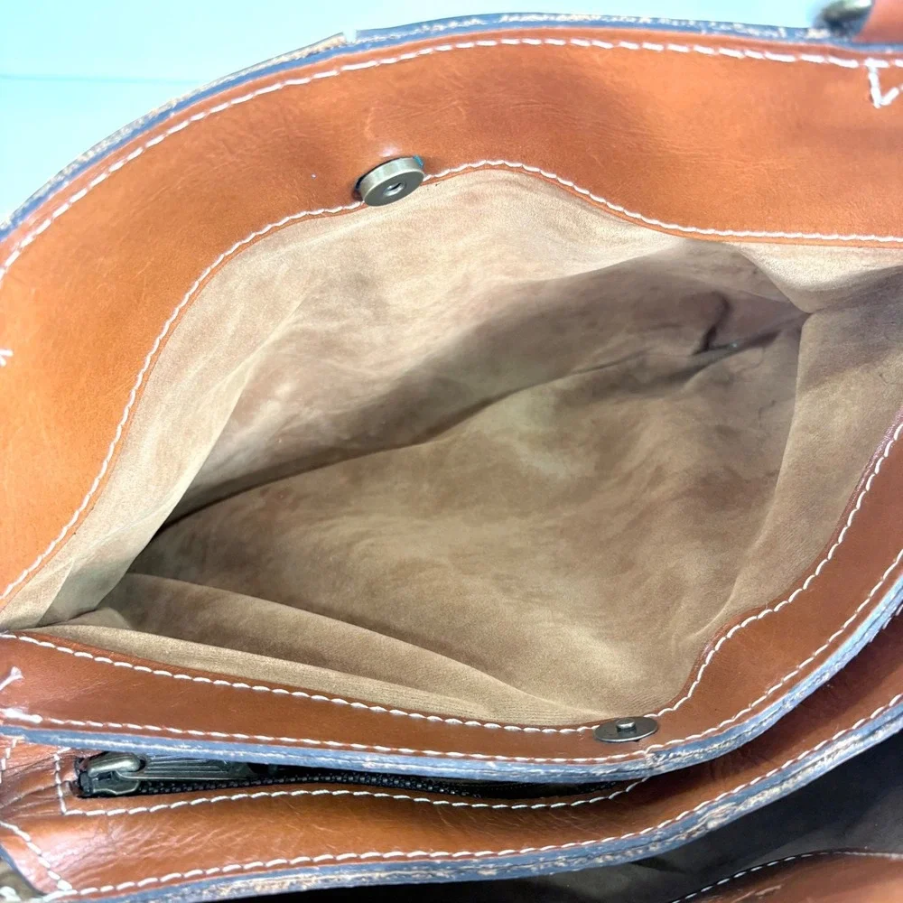 Patricia Nash Rienzo Satchel Tan Leather Shoulder Bag Contrast Stitching